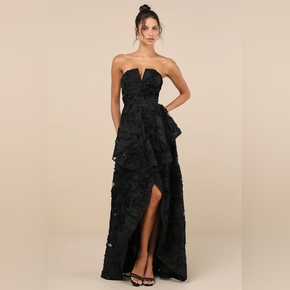 Lulus Majestic Glam Black Strapless Textured High-Low Maxi Dress